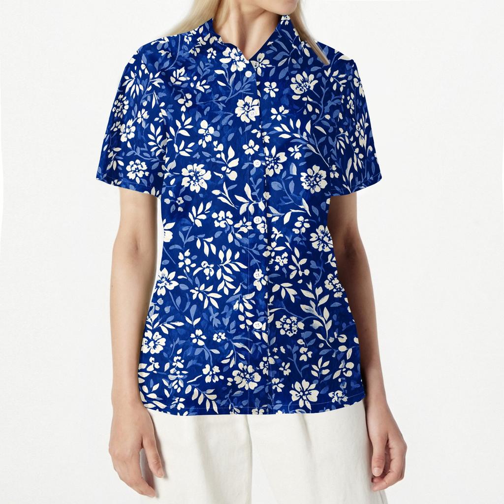 Womens Casual Floral Print Short Sleeve Button Down Shirt Open Front Collar Blouse Lightweight Summer Top