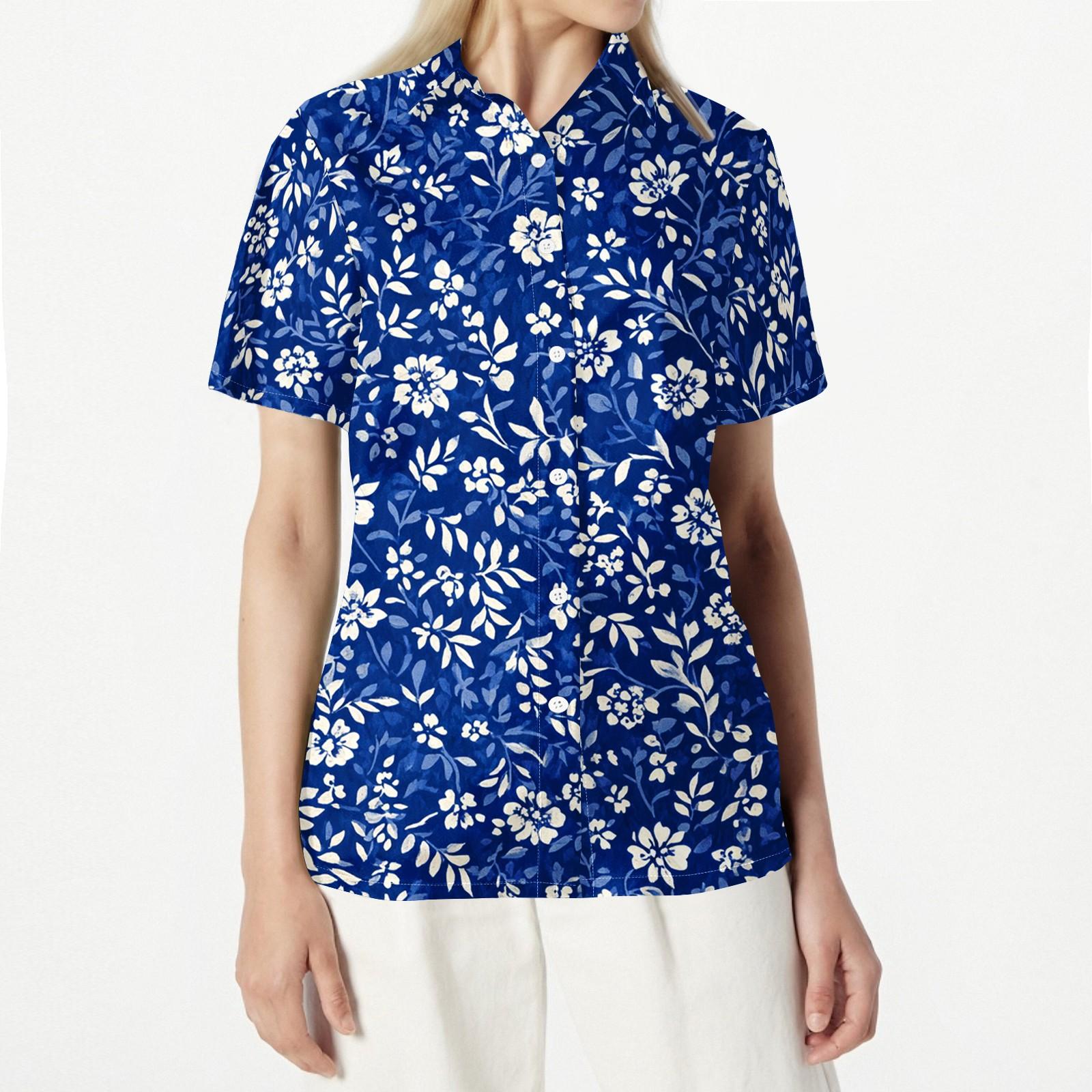 Womens Casual Floral Print Short Sleeve Button Down Shirt Open Front Collar Blouse Lightweight Summer Top XXL синий
