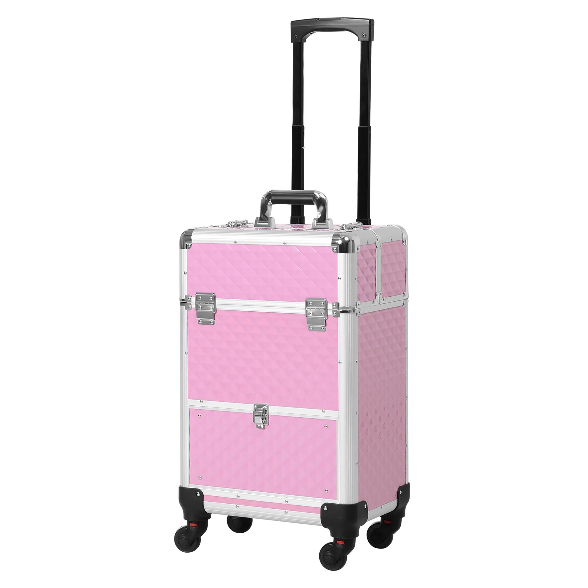 Trousse de maquillage professionnelle avec tiroir, valise trolley de maquillage à roulettes pour le voyage, le travail, 34x25x62 cm, rose