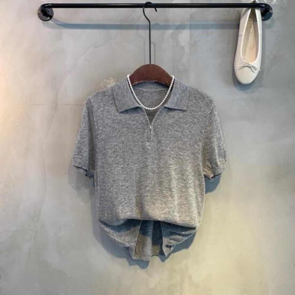 C S In The Room jInbi baSiC Solid Zip Collar neCk Short Sleeve Knit 5Color