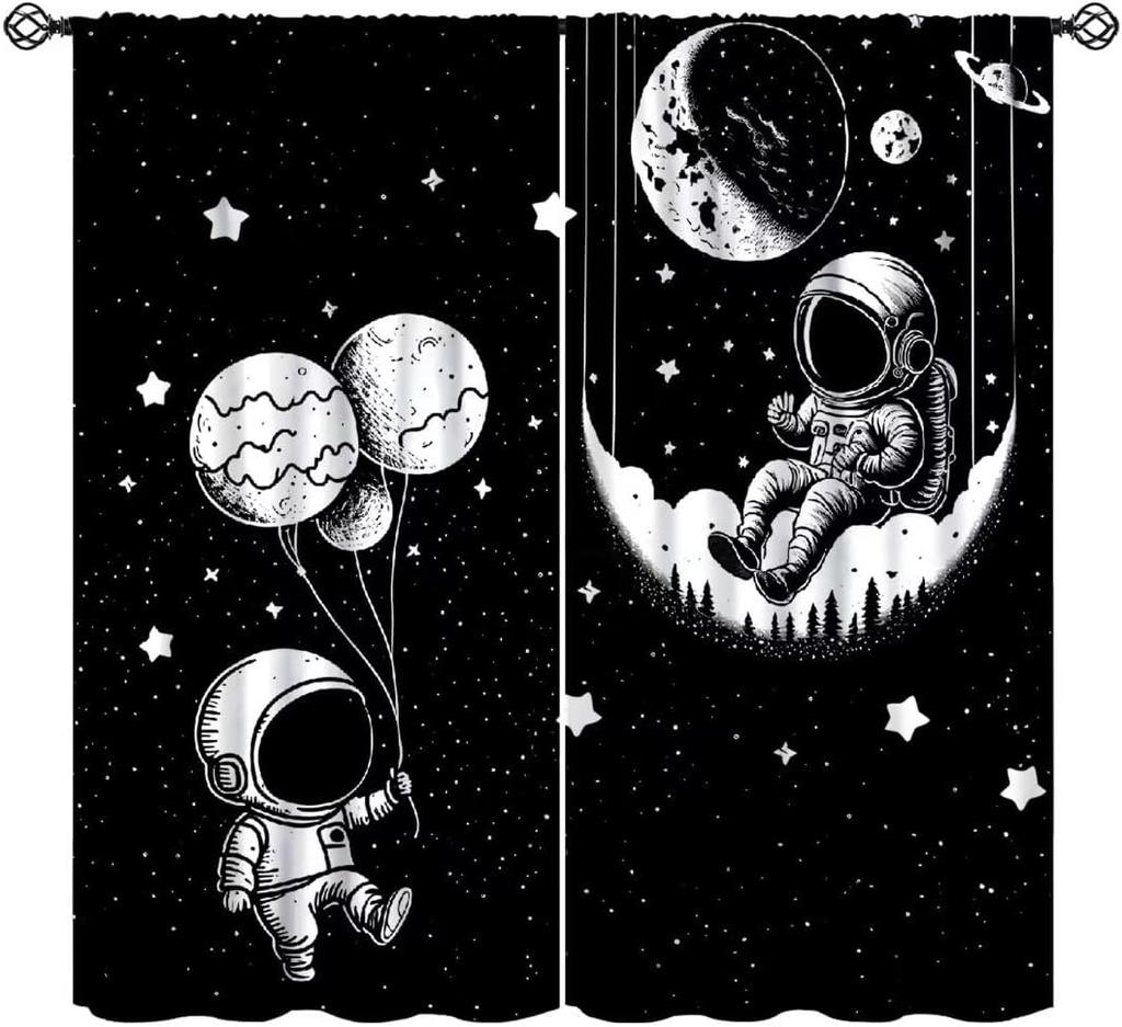 Conjunto de cortinas de porta com tema espacial 2 peças com design de galáxias, cortinas de painel de poliéster para vários tratamentos de janela de sala