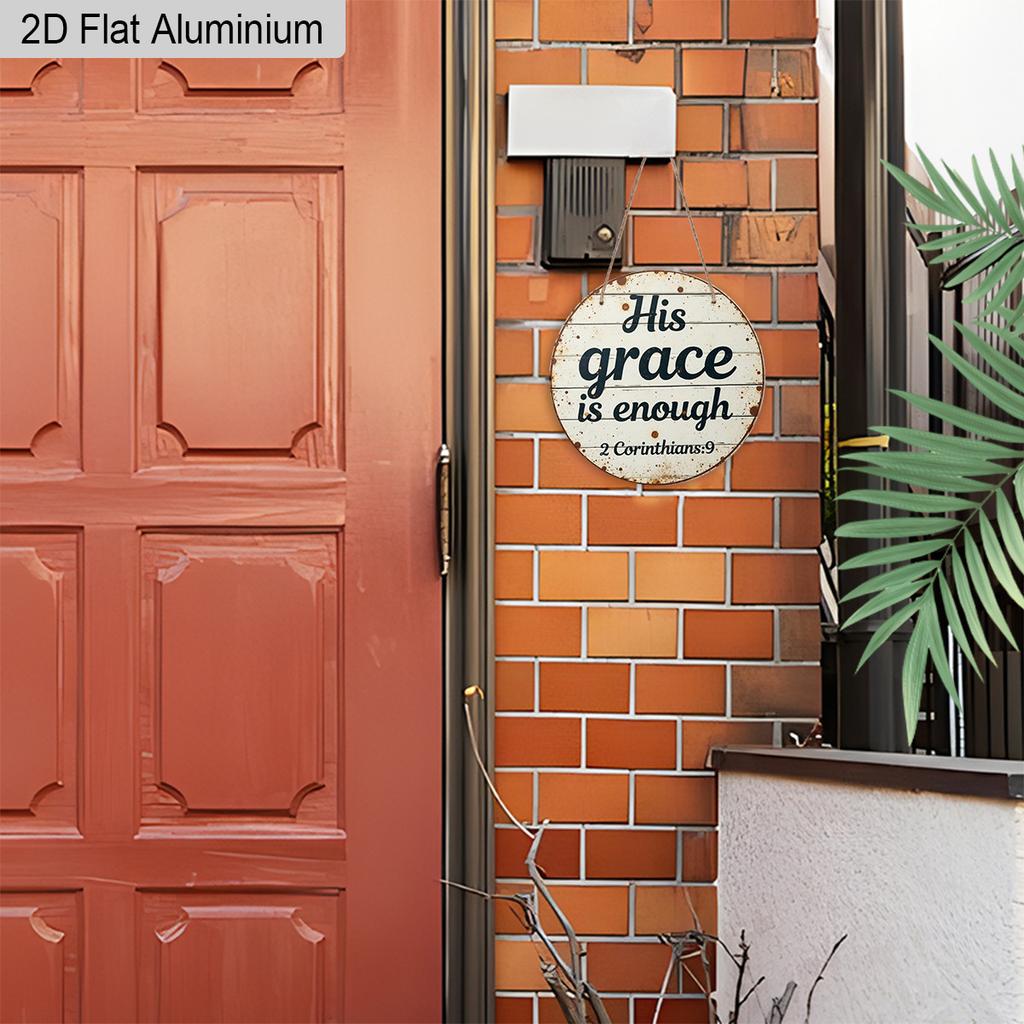 2D Flat Aluminum His Grace Is Enough Christian Wall Decor, Round Metal Sign with Rustic Wood Look, 2 Corinthians Bible Verse Scripture Plaque for