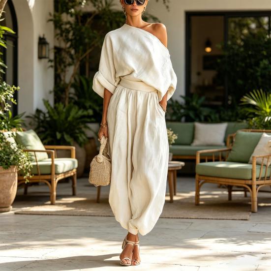 Damen 2-teilige Outfits Kurzarm Off-Shoulder Pullover Oberteil und Lockere Haremshosen Set Sommerurlaub Loungewear Sets