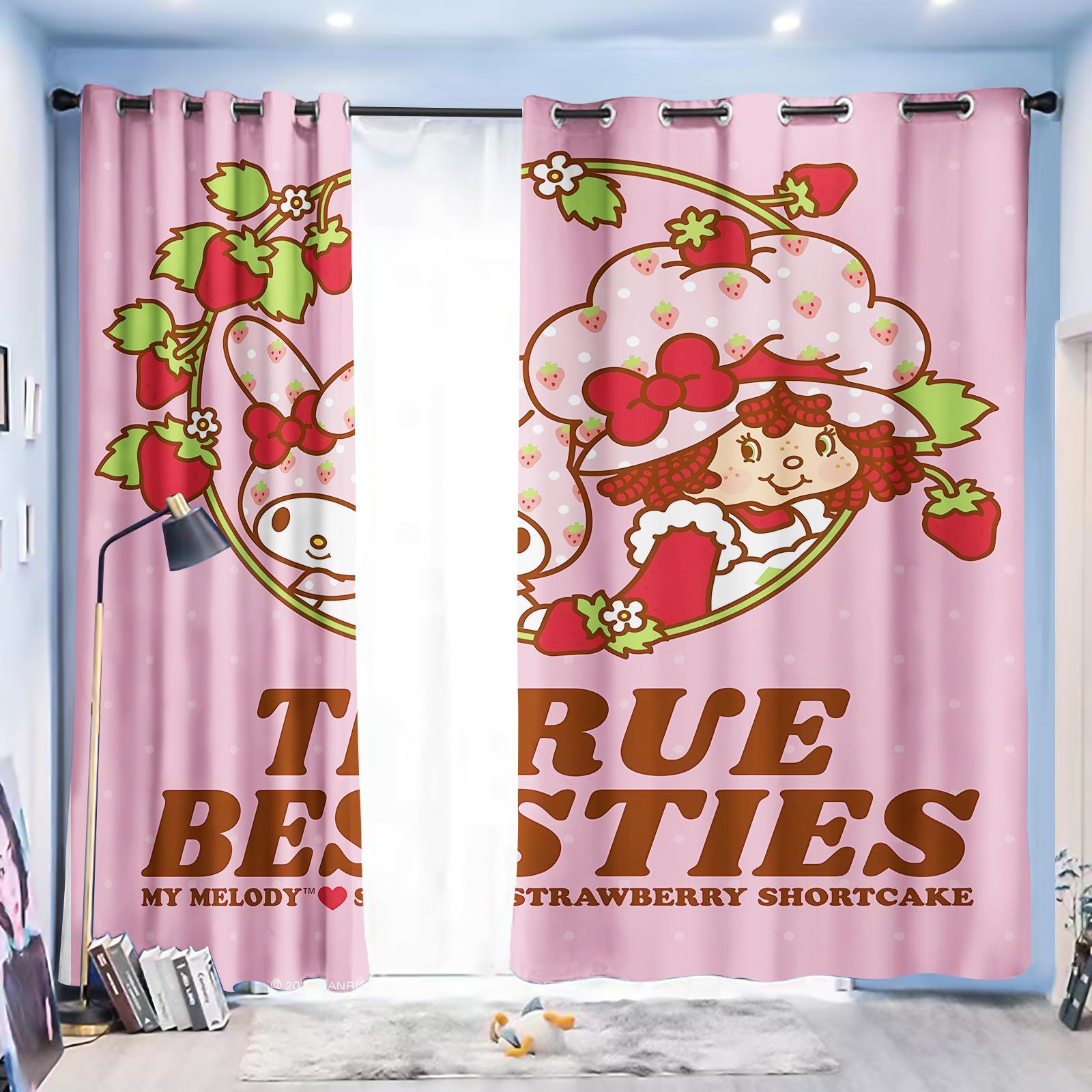

Strawberry Girls Cartoon Curtain Cute Home Style Decoration Polyester Window Children Bedroom Living Room Curtains Darkening Made Of Area Decor W100*H130(CM)-Grommet top&2PCS