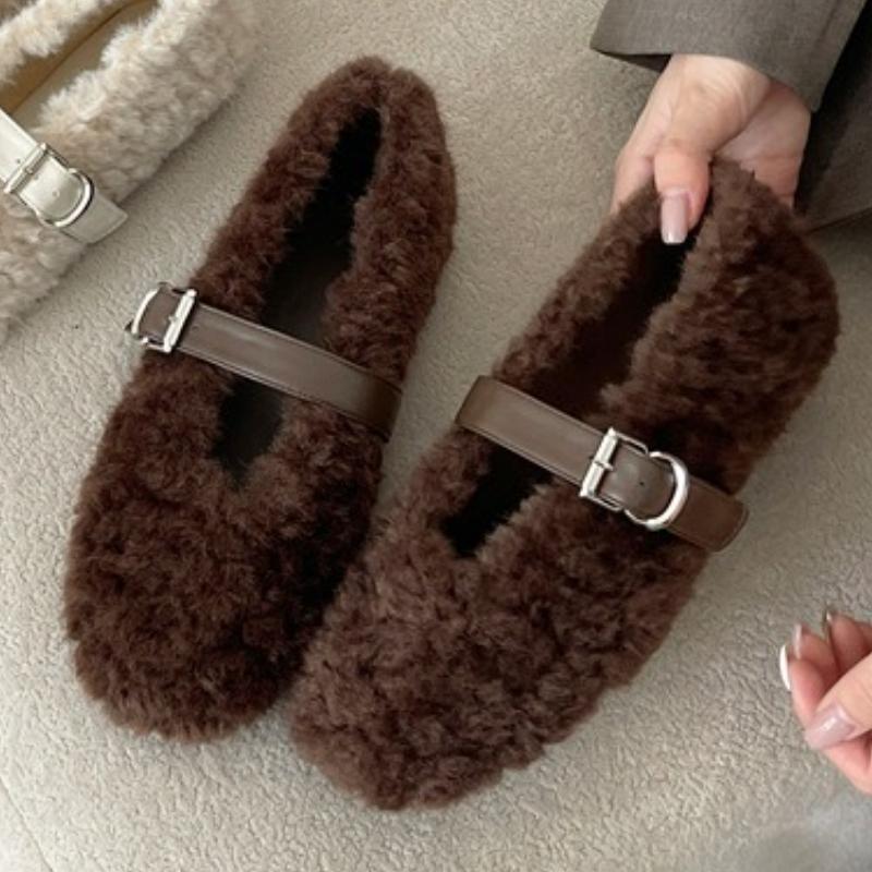 Fashion Winter Warm Plush Flat Shoes Women Fashion Round Toe Narrow Buckle Designer Shoes Cozy Soft Bottom Casual Shoes Zapatos De Mujer