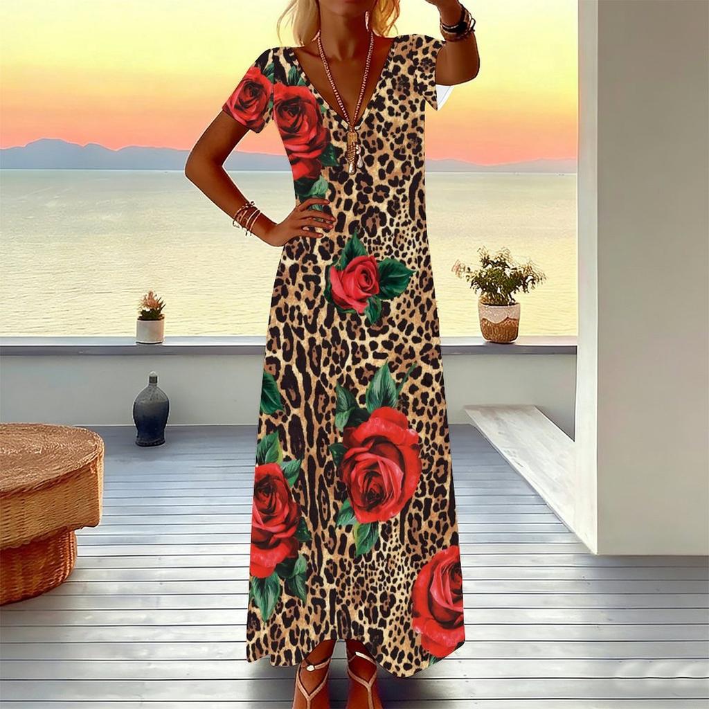 Women Plus Size V Neck Short Sleeve Maxi Dress Turquoise Vertical Leopard Print Loose Summer Vacation Long Dress