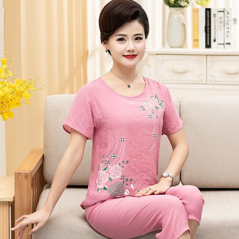 Women's Summer Cotton & Linen Pajama Set – Short-Sleeved Two-Piece for Middle-Aged & Elderly, Suitable for Indoor & Outdoor Wear.