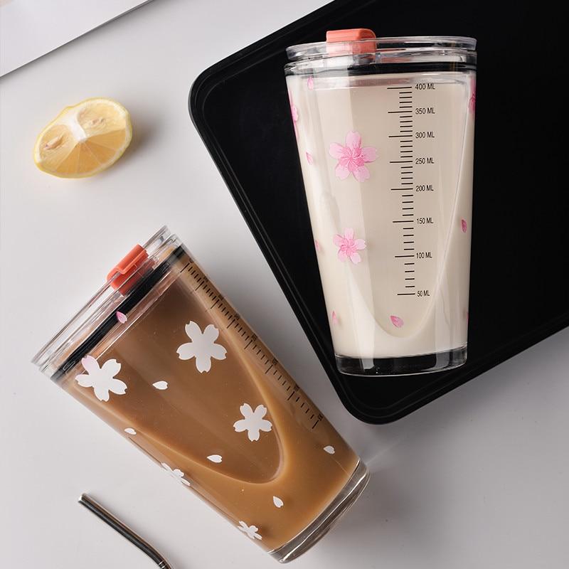 Cherry Blossom Travel Glass Coffee Mug Outdoor Heat-Resistant Scale Teacup With Non-Slip Cover Transparent Milk Breakfast Cup