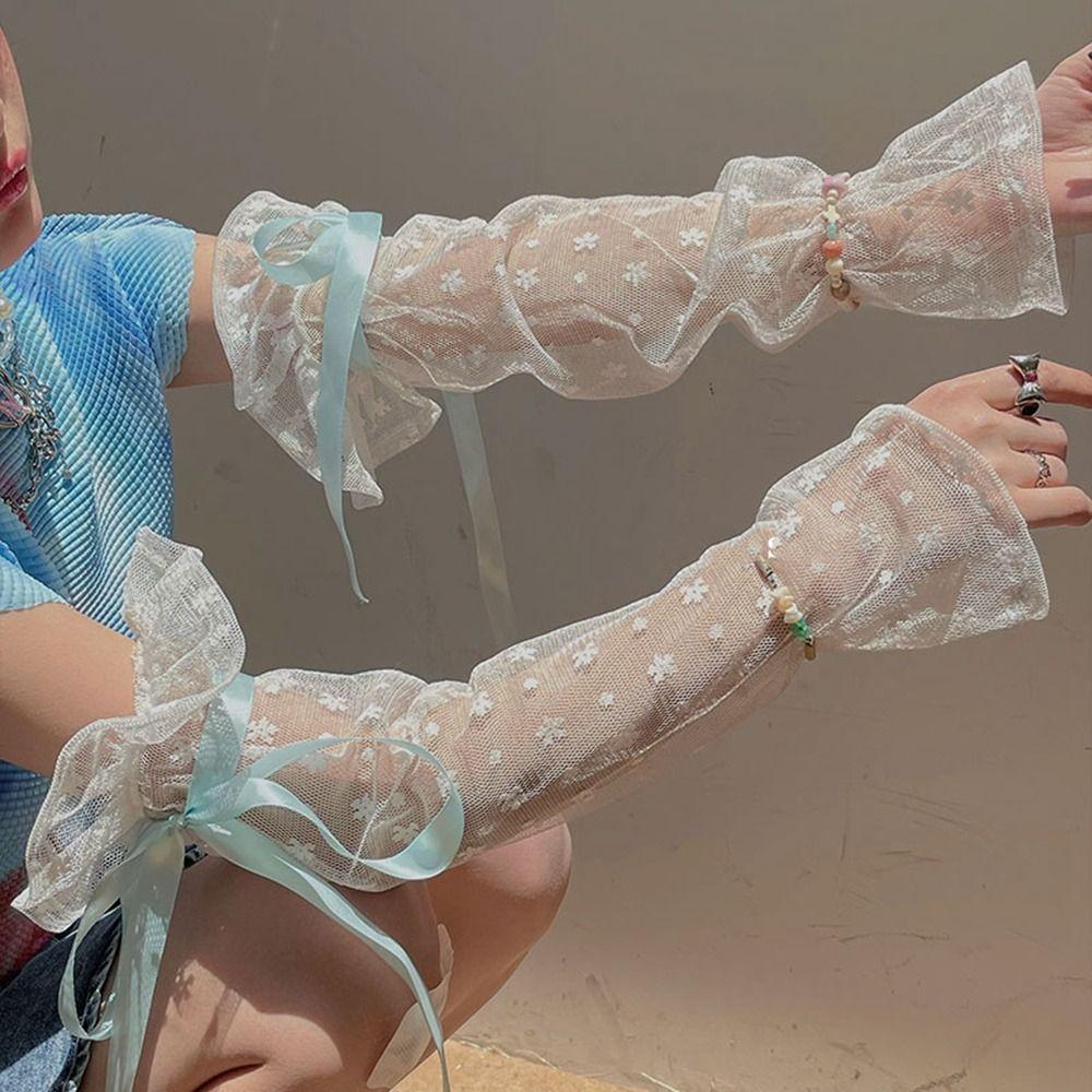 Gloves Lolita Bow Balletcore Ice Silk Sleeves Sunscreen Sleeve Lace Arm Warmers Long Sleeve Glove
