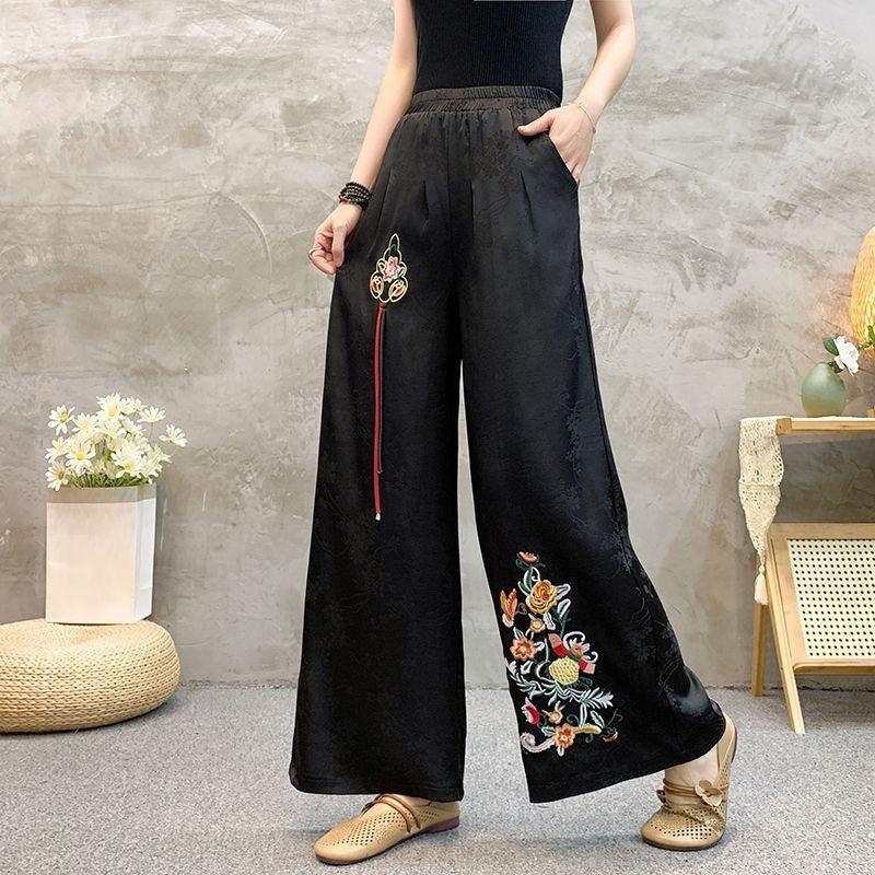 

women floral embroidery jacquard wide leg pants elastic waist casual solid color loose fit trousers M чорний