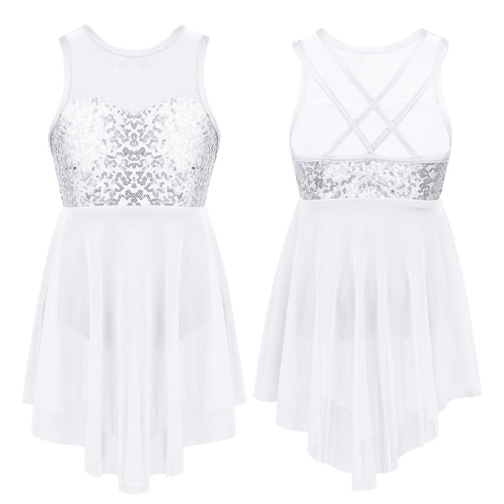 Kids Girls Modern Lyrical Dance Costumes Sleeveless Sequins Criss-Cross Back Ballet Irregular Leotard Dress