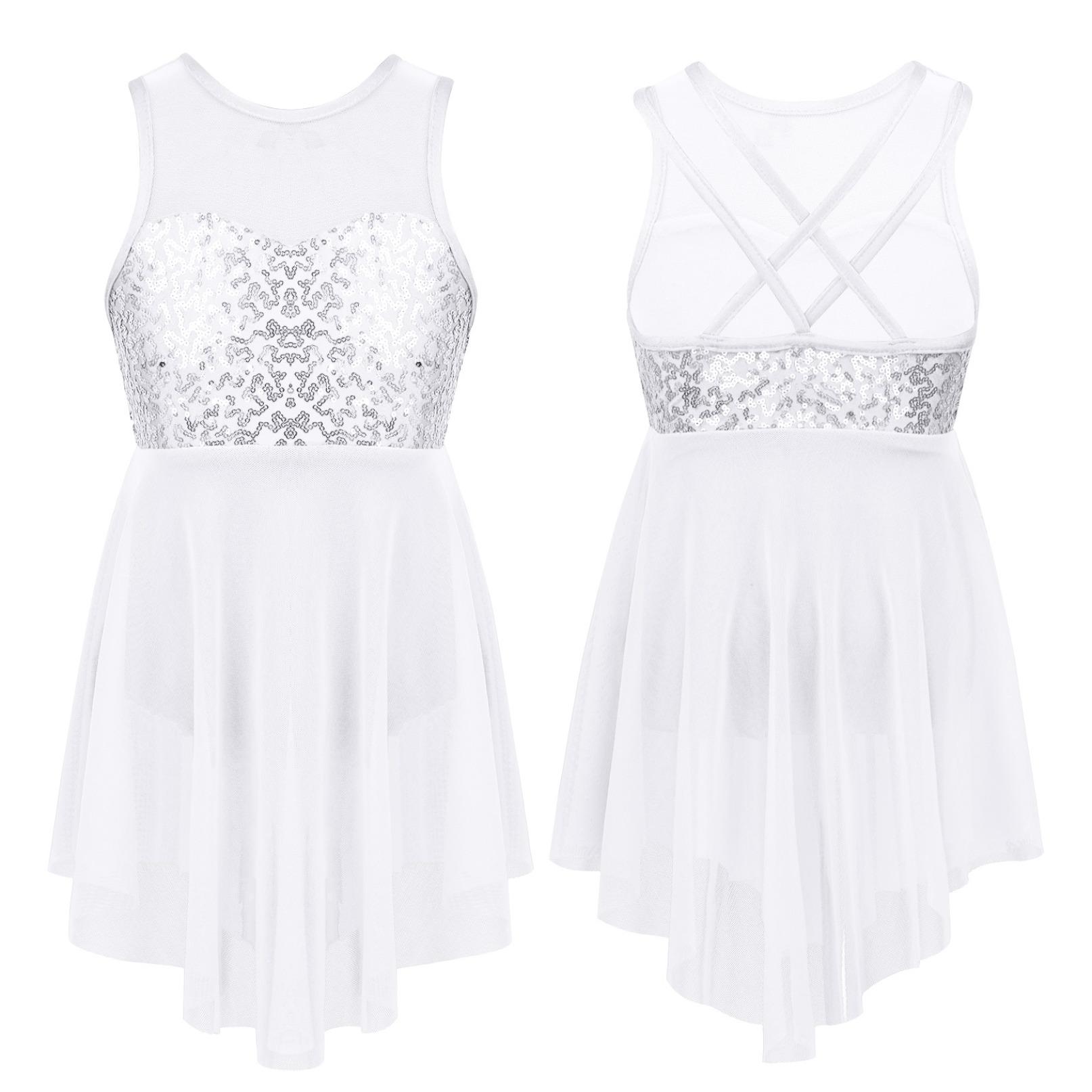 

Детские современные лирические танцевальные костюмы для девочек, балетное трико без рукавов с блестками и крест-накрест на спине, нерегулярное платье-купальник 5-6 Years белый