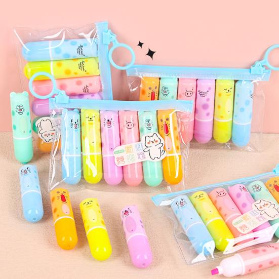 6Pcs Chisel Tip Highlighter Marker Cute Marker Pen Cartoon Macaron Highlighter No-Bleed Ink Markers