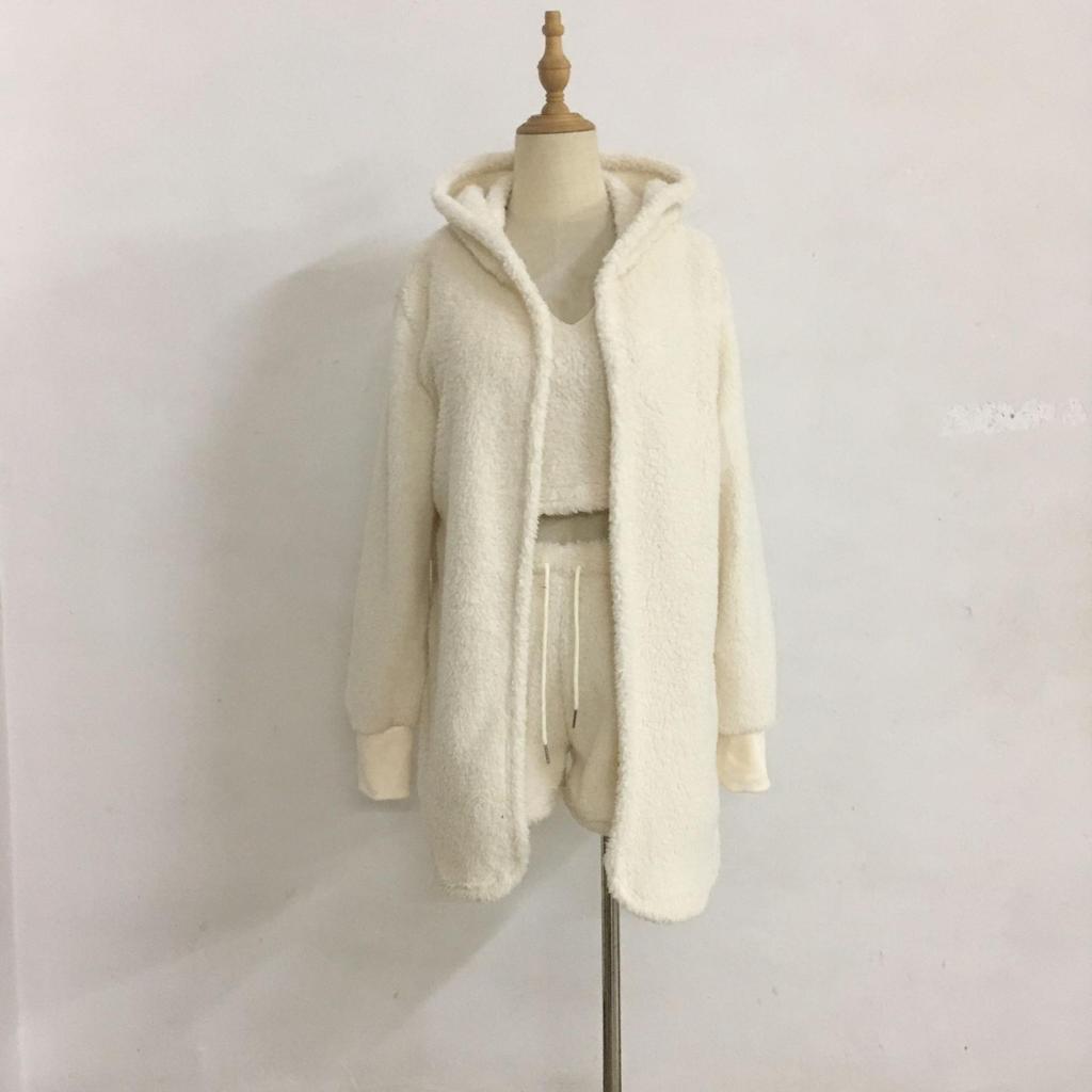 Plush Long-Sleeve Casual Three-Piece Set: Jacket, Vest & Shorts