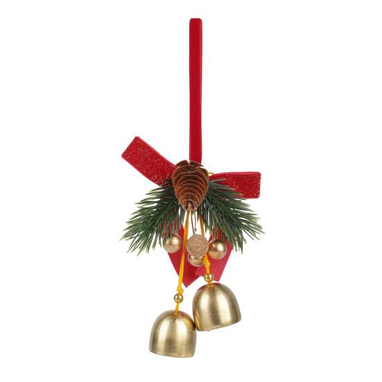 Holiday Home Decorations Christmas Bow Ornaments with Gold Jingle Bells, Xmas Tree Hanging Wreath Retail Window Displays Pine Cones, Red Berries