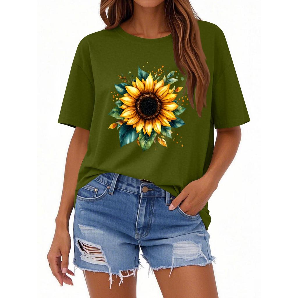 Dam Rundhalsad Casual T-shirt Topp med Blommigt Tryck och Korta Ärmar