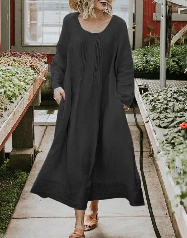 Women's Crew Neck Long Sleeve Linen Maxi Dress Loose Pleated Side Pocket Solid A Line Long Casual Robe 2023 Autumn European American Fashion