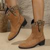 Women's Autumn Chunky-Heel Mid-Calf Color-Blocked Pointed-Toe Fashion Martin Boots, Available In Large Sizes.