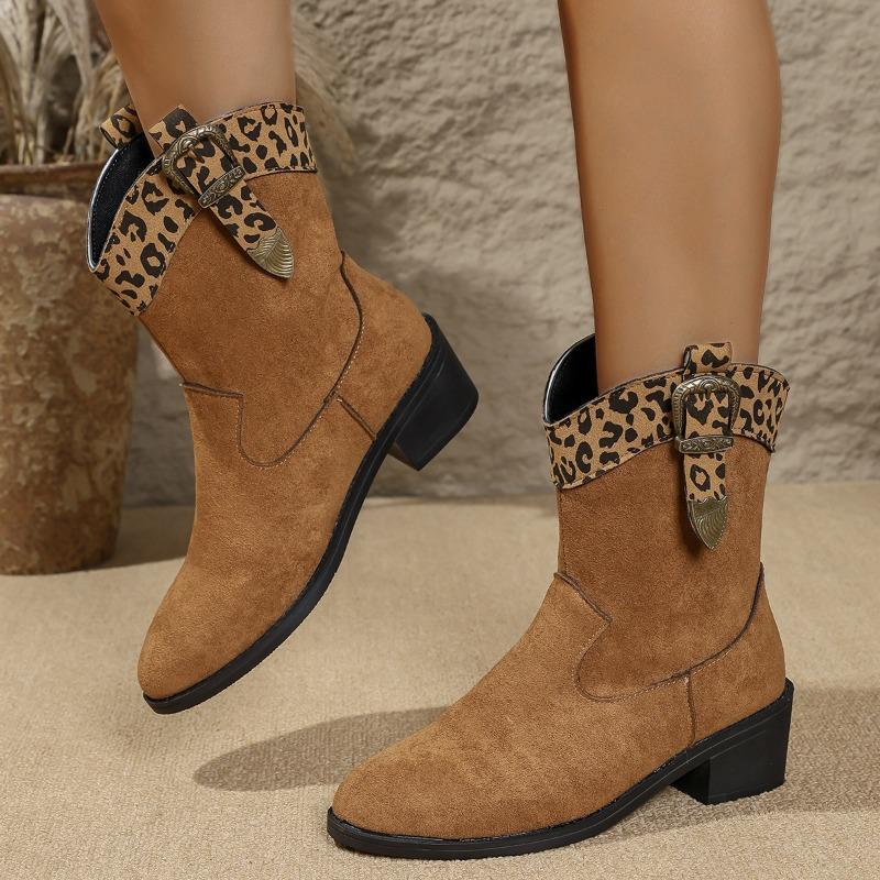 Women's Autumn Chunky-Heel Mid-Calf Color-Blocked Pointed-Toe Fashion Martin Boots, Available In Large Sizes.