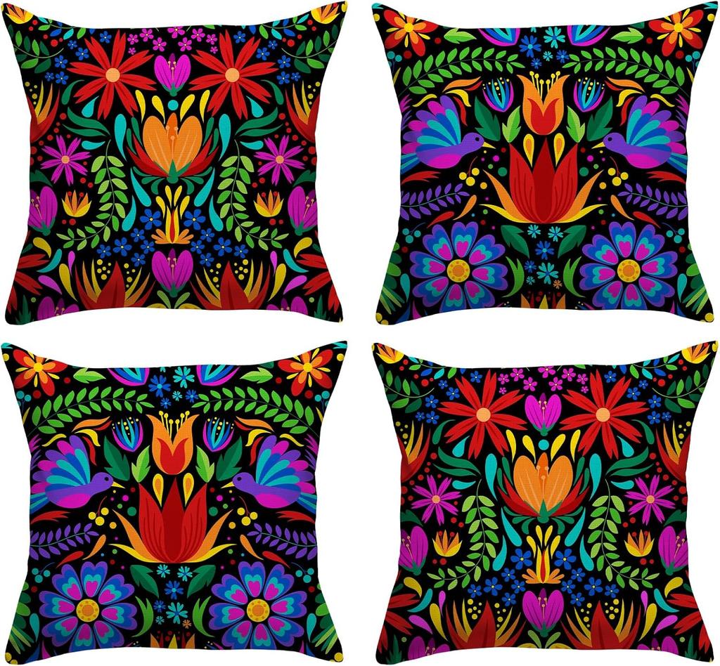 Mexican Fiesta Throw Pillow Covers Set Of 4 Dragonfly Flower Dahlia Pillow Case Day Of The Dead Dia De Los Cinco