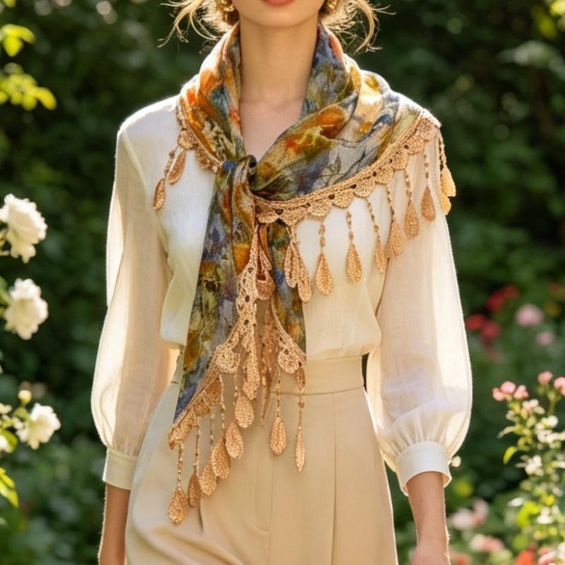 Fashion Boho Lace Trim Triangle Scarf Women Ladies Tassel Fringe Shawl Wrap Summer Beach Headscarf Holiday Waist Sash Belt