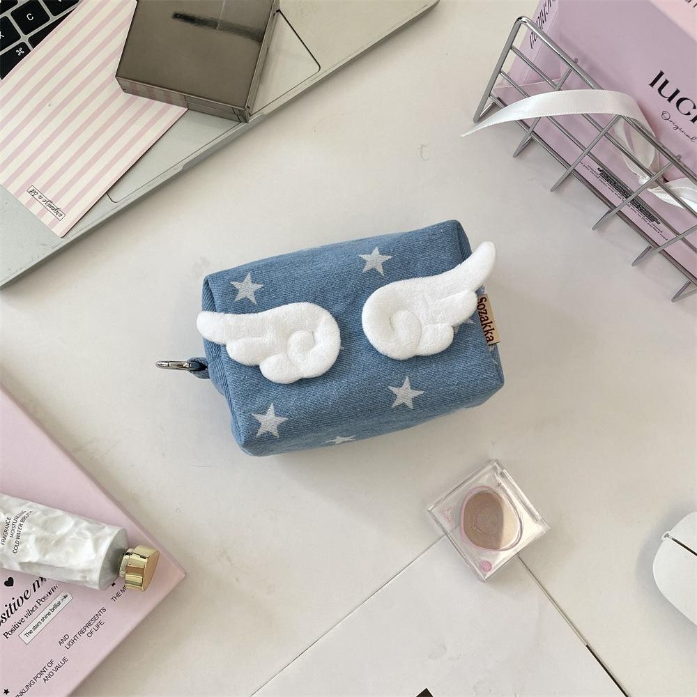small cute Travel Makeup Case Purse Cute Angel Wings Women's Storage Bag Star Bowknot Female Denim Cosmetic Bags