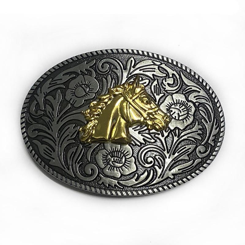 Patterned Horse Head Cowboy Higanbana Ethnic Oval Alloy Belt Buckle