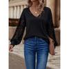 Tops Splicing Lace Sleeve Pullover Casual Long Sleeve Solid Color Loose Bottom T Shirt Women