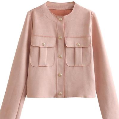 2023 Herbst Damen Rosa Wildleder-Optik Rundhals Kurze Jacke