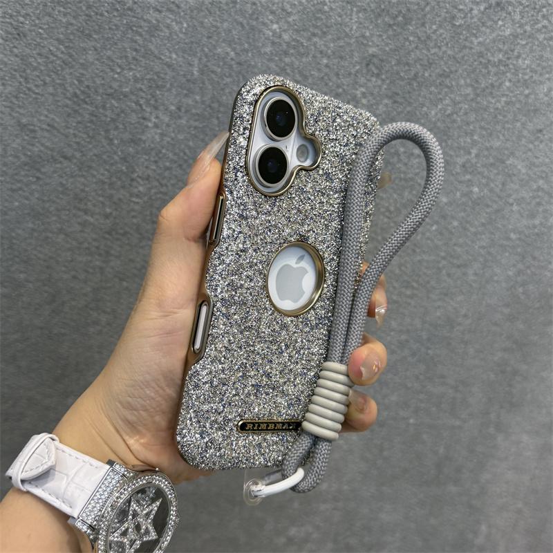 Luxury Glitter Diamond Rhinestone Case For iPhone 12 13 14 15 16 Pro Max Plus Bling Sparkling Shockproof Wrist Strap Cord Cover