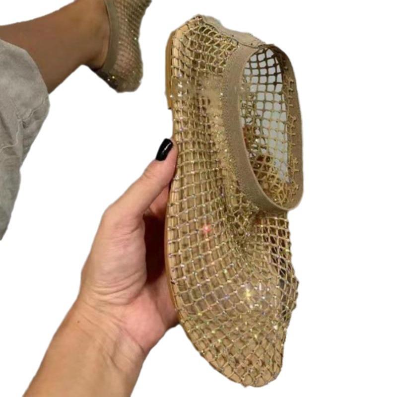 2025 Summer New Round Head Sandals Hollow Internet Celebrity Diamond Short Boots Summer Large Size Flat Women's Shoes