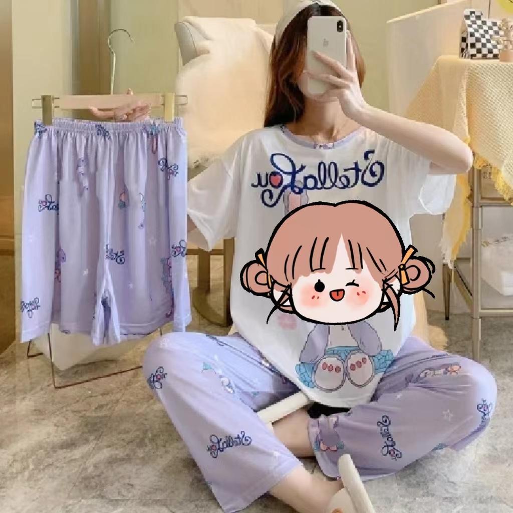 

Летняя молочная шелковая пижама из трех предметов, домашняя одежда, новый женский комплект с рисунком для девочек-студенток в корейском стиле, милый свободный комплект домашней одежды L