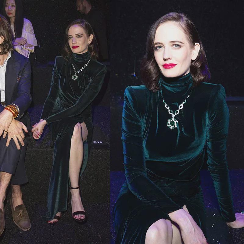 2025 Herbst Sternenbesetztes Dunkelgrünes Samt Kleid mit Hohem Schlitz und Unregelmäßigem Saum