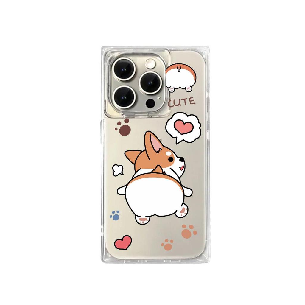 Square Back Tube Protection Clear Case For iPhone 12 11 16 ProMax 14 Pro Max 13 15 Plus Anti-Oxygen,Love Dog Pattern Casing