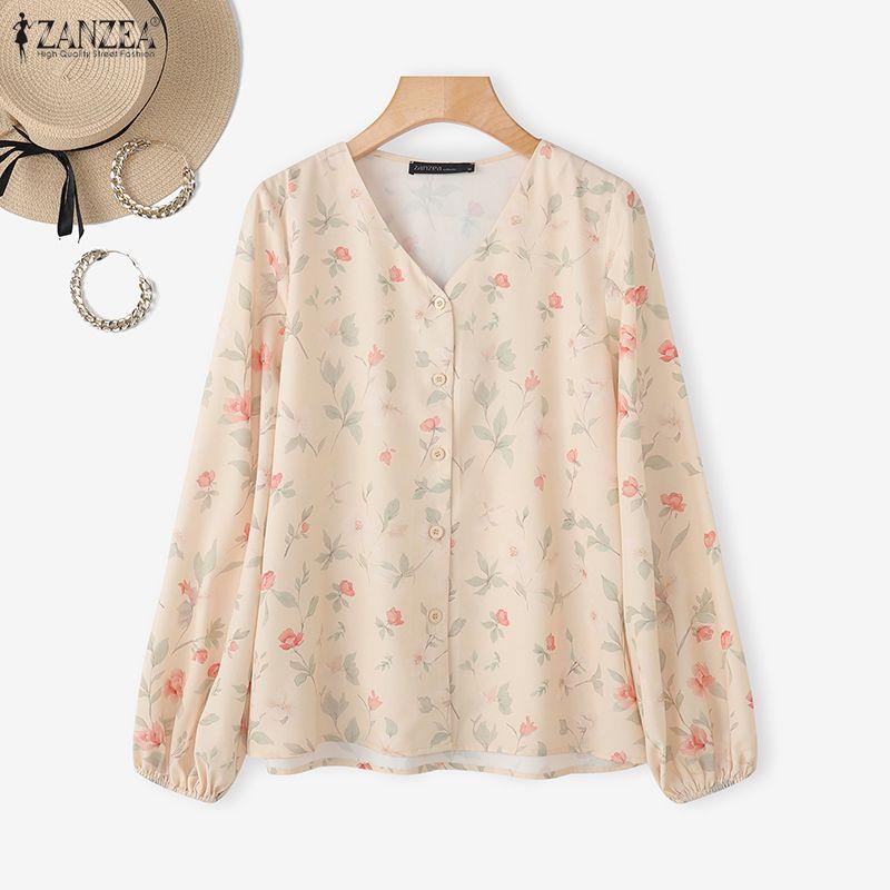 ZANZEA Women Casual V-Neck Long Sleeve Loose Floral Print Blouse