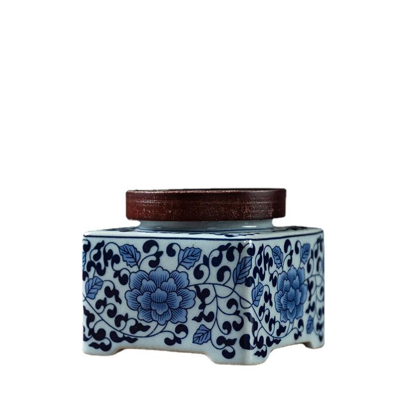 Blue and White Porcelain Tea Pot with Lid Ceramic Seal Candy Coffee Bean Medicinal Material Pot Tea Warehouse Square Container