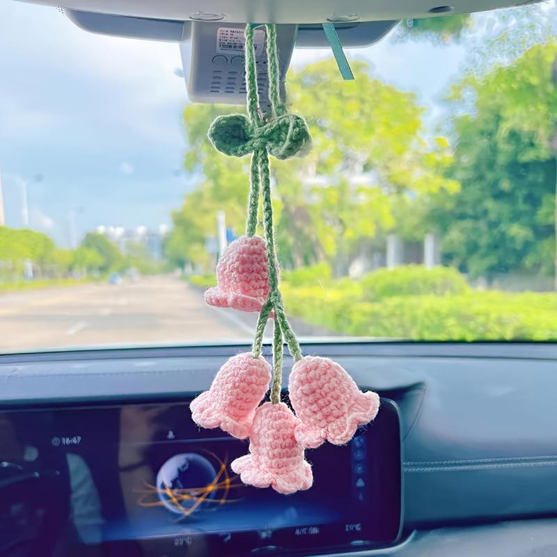 Cute Hand Knitted Bell Flower Car Accessories for Women, Car Mirror Hanging Accessories, Rear View Mirror Hanging Pendant