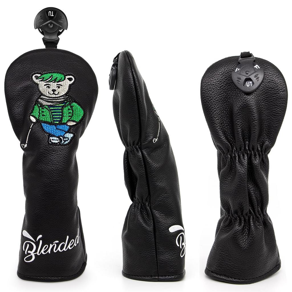 Golf Club Headcovers for Fairway and with Numbered Stylish PU Leather Headcovers with Bear Black UT Drivers, Woods, Utilities, Hybrids, Tags,