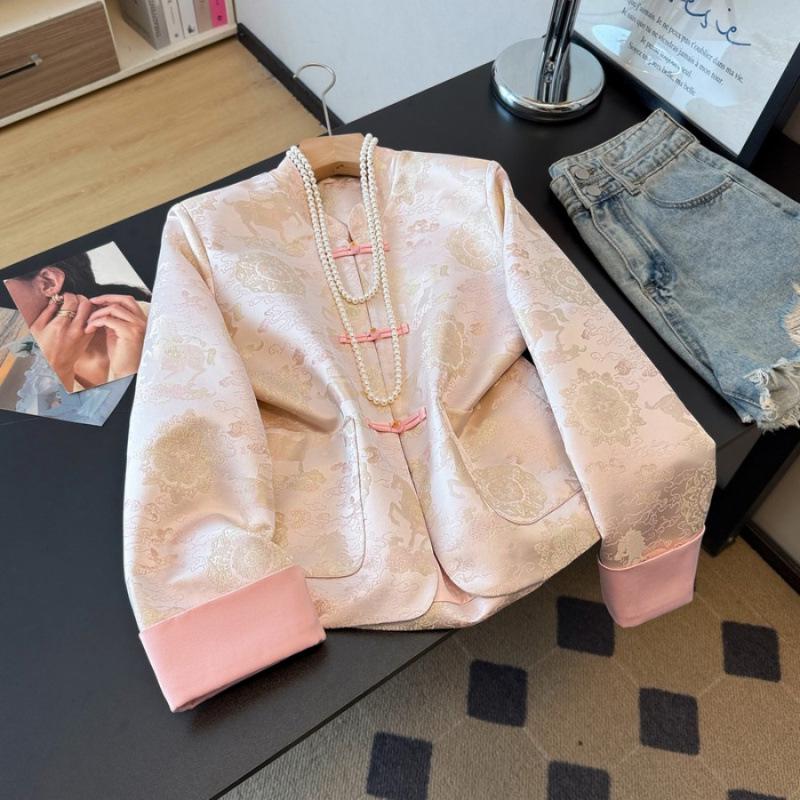 Silk Jacquard Satin Retro Chinese Style Plus Size Long Sleeve Jacket S розовый