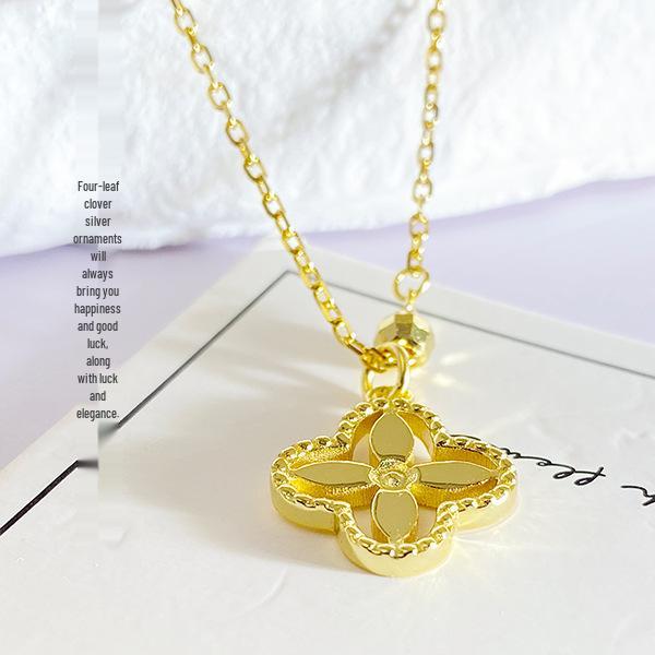 Exquisite S925 Silver Four-Leaf Clover Necklace: Gold Pendant on Simple, Versatile Clavicle Chain for Women