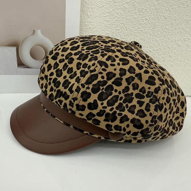 Retro Leopard Print Beret For Children, Spring And Autumn Fashion Painter, Octagonal Hat, Leather Brim, Newsboy Hat