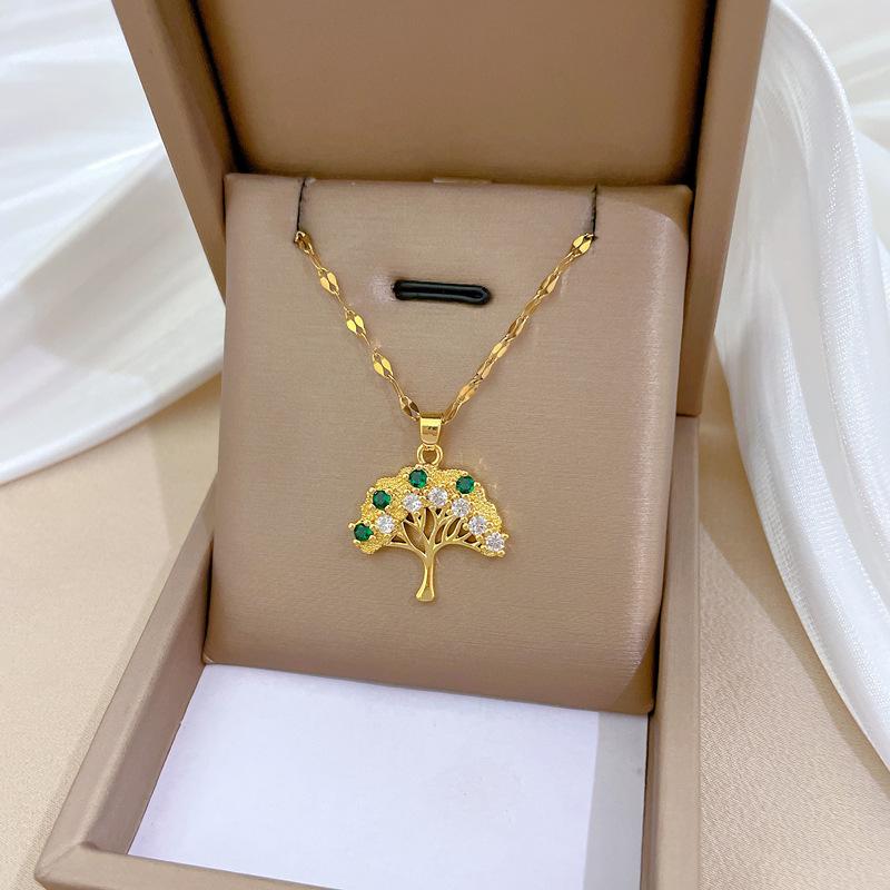 Color Tree Of Life Light Luxury Temperament Gorgeous Full Diamond Necklace Female Versatile Clavicle Chain Titanium Steel Chain
