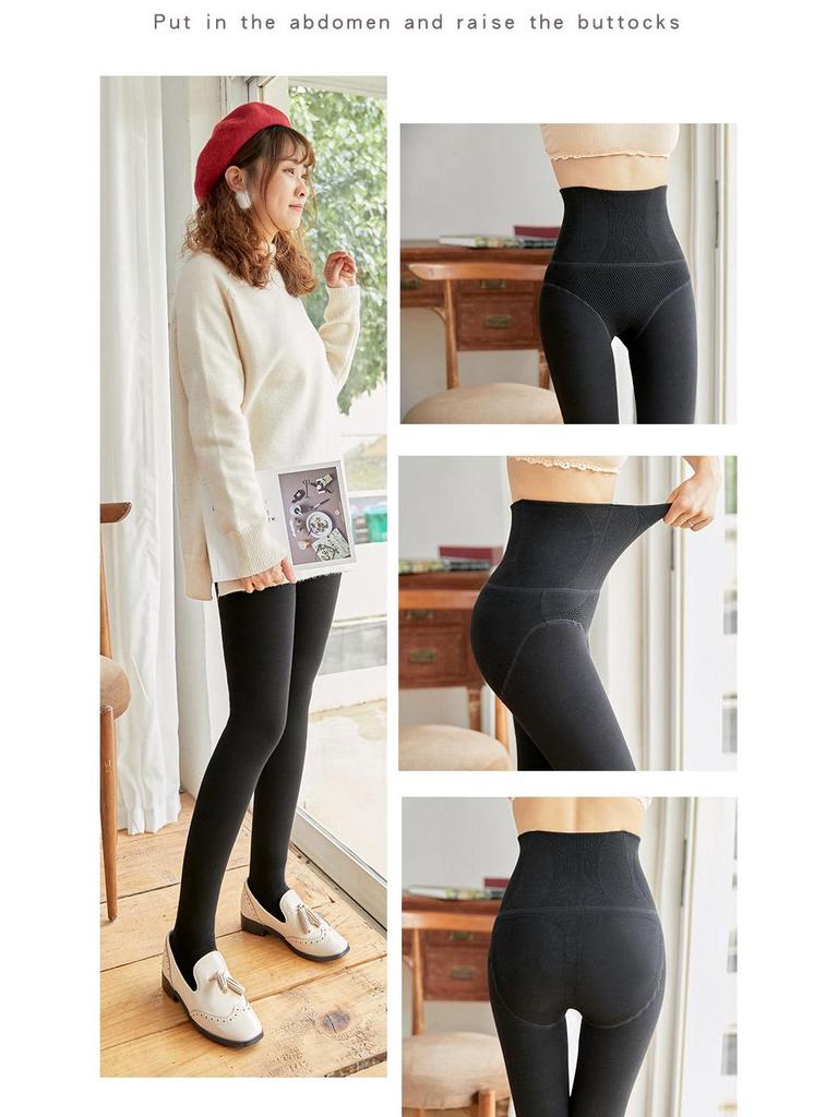 Women's High-Waist Fleece-Lined Cotton Leggings with Tummy Control - Slimming Black Autumn & Winter Pants