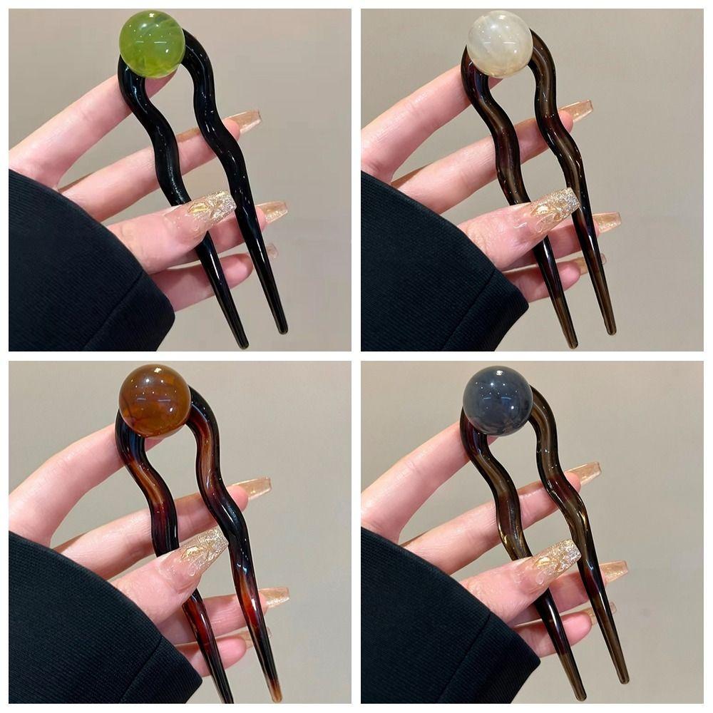 Korean Style Bead Hair Stick Acrylic Pan Hair Fork Elegant U-shaped Hairpin Girls
