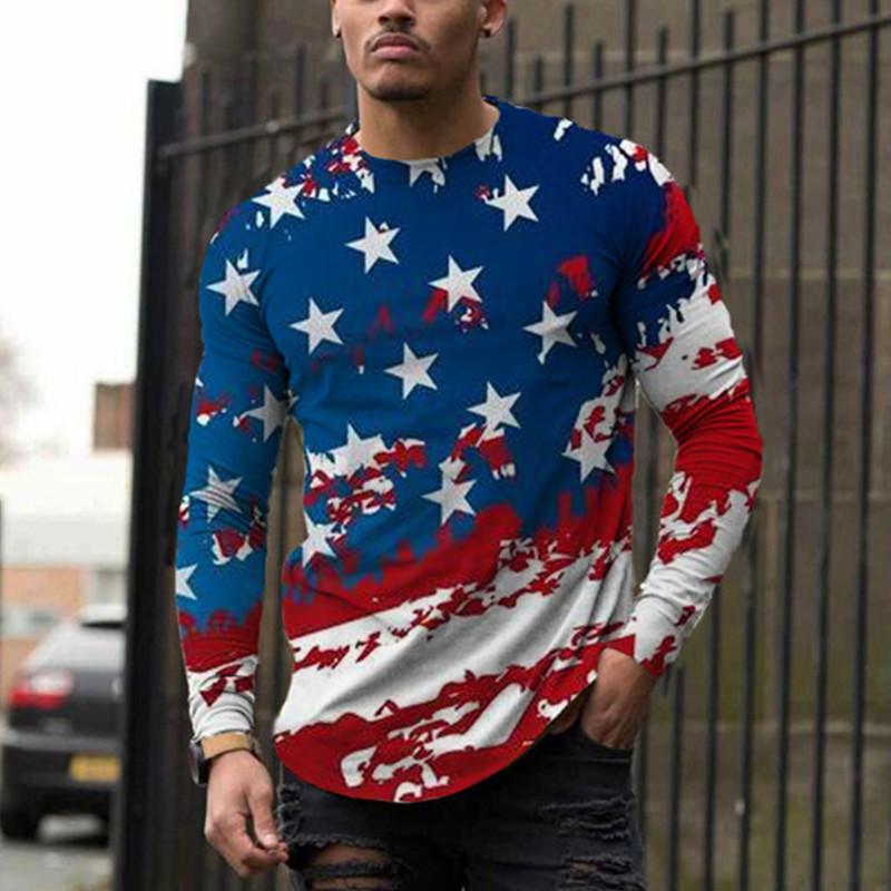 Streetwear Flag T-Shirts Frühling Herbst Rundhals Langarm Top Herren Übergröße Sportbekleidung Übergröße Vintage 3D-Druck T-Shirt