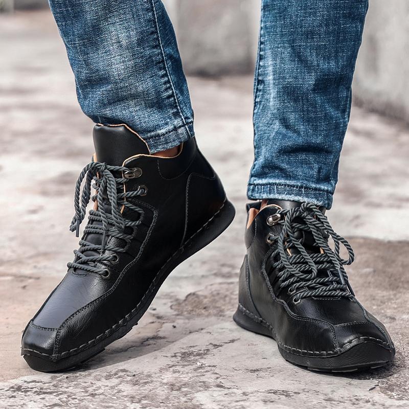 Fashion Men's Casual Shoes Fashion Men's Leather Boots Comfortable Men's Ankle Boots Outdoor High Quality Hiking Boots Men Size 48 Black