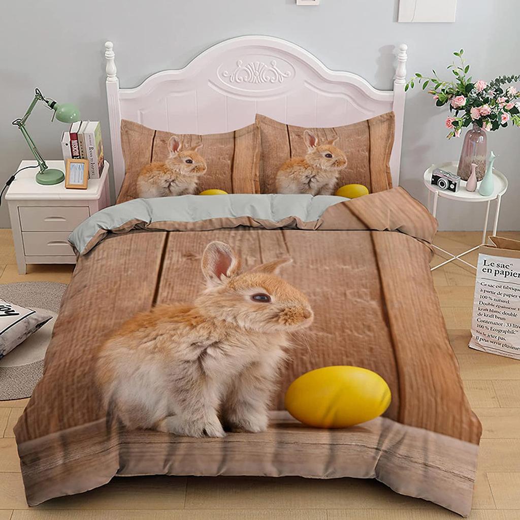 Rabbit Duvet Cover Set Polyester Comforter Cover Twin Size,Pink Floral For Girls Women Cute Bunny Bedding Set With Pillowcase