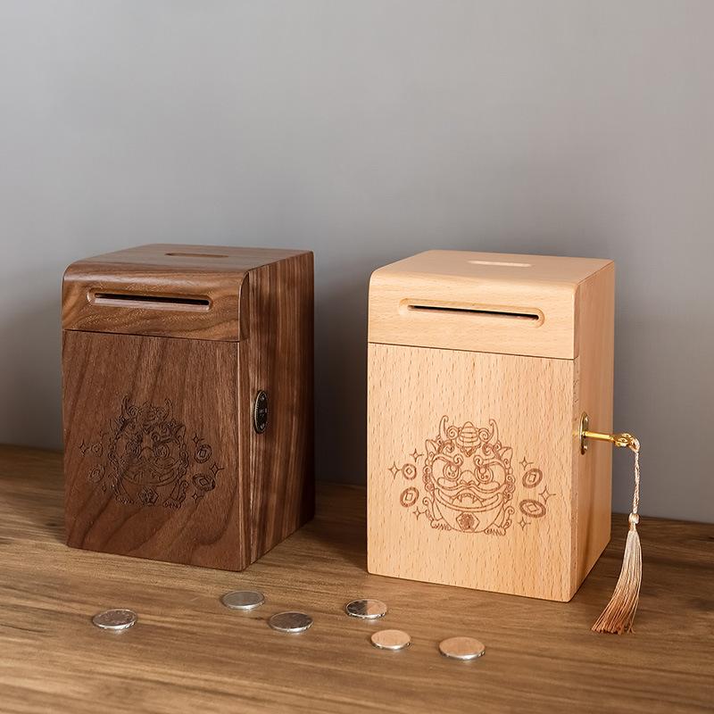 Walnut Wood Money Boxes Children Closed Piggy Bank Home Decor Storage Box with Lock Children's Room Decorative Ornaments