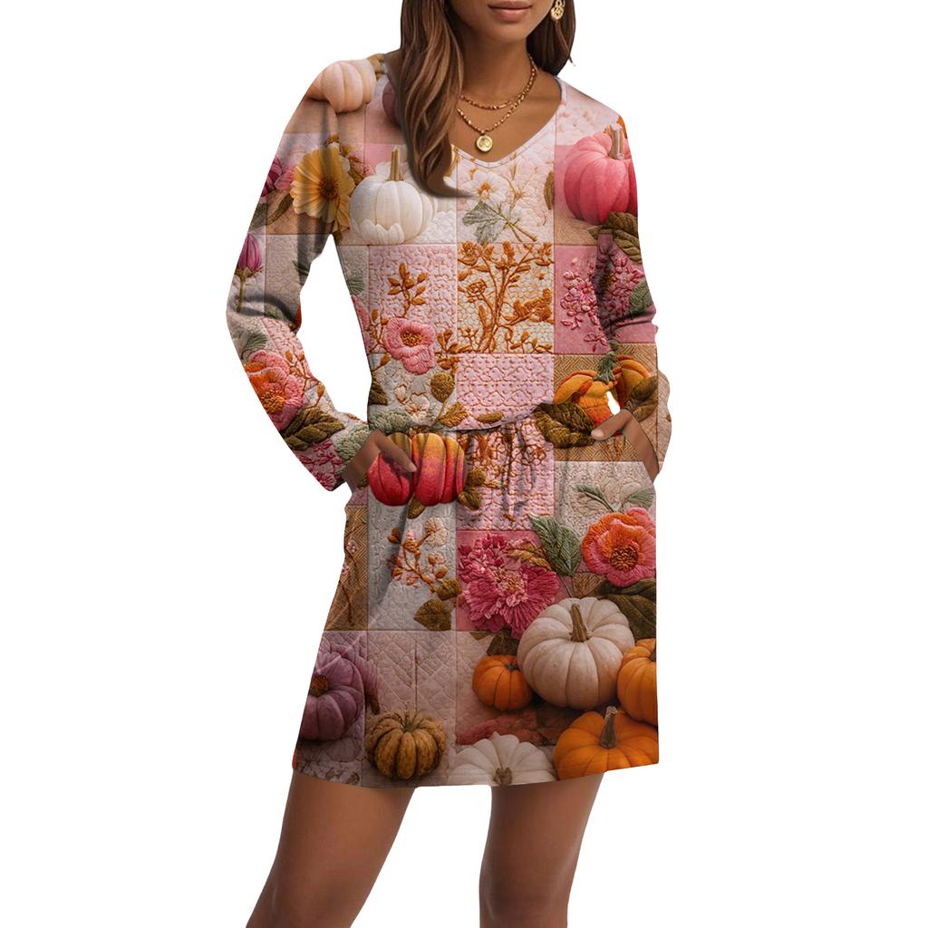 Women's Fashionable V-neck Long Sleeved Drawstring With Pocket Halloween Printed Casual Dress