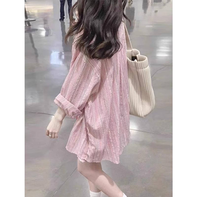 

Women s Pink Striped Shirt Jacket - 2024 Autumn Sun Protection Design, Lazy Style Cardigan Top 2XL